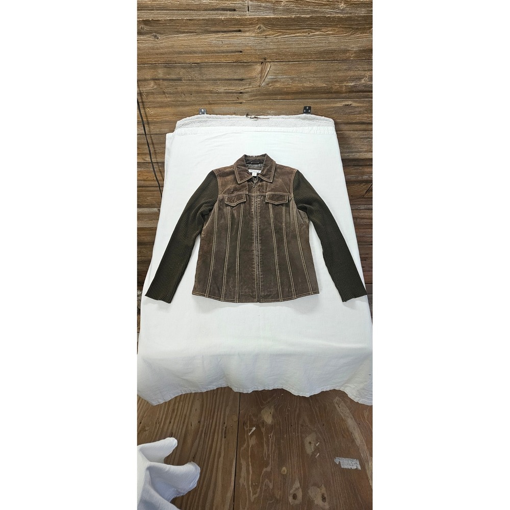 Coldwater Creek Womens Brown Suede Leather Knit Mixed Media Zip Jacket Size 4